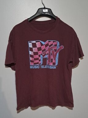 Vintage 1990's MTV Maroon Short Sleeve Tee with Pink and Blue Logo